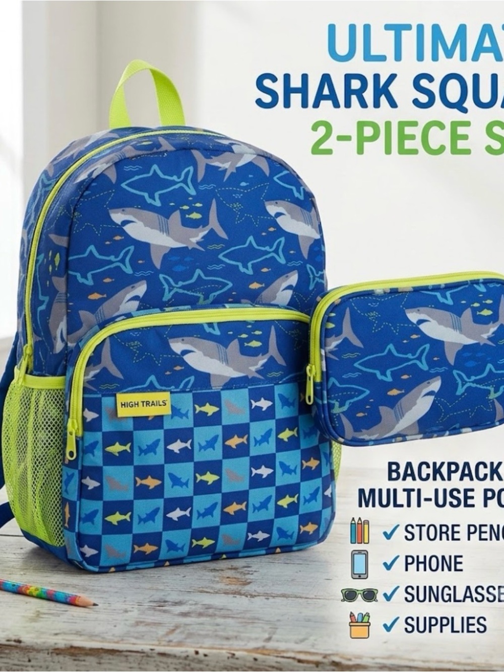 High Trails Kids Backpack and Pouch, Sharks, Blue, Bookbag, Boys School  New